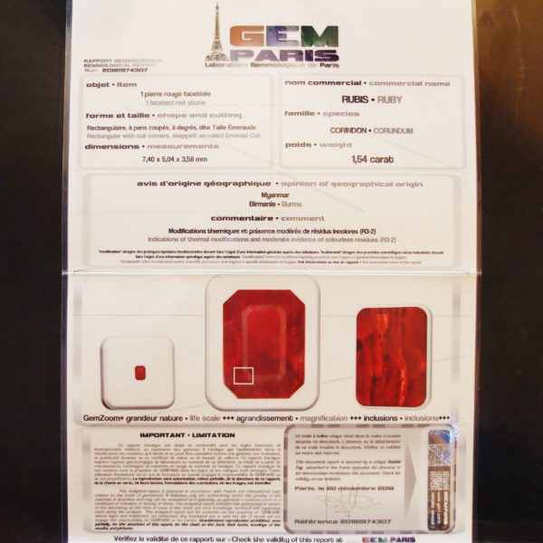 certificat rubis 1,54 carat