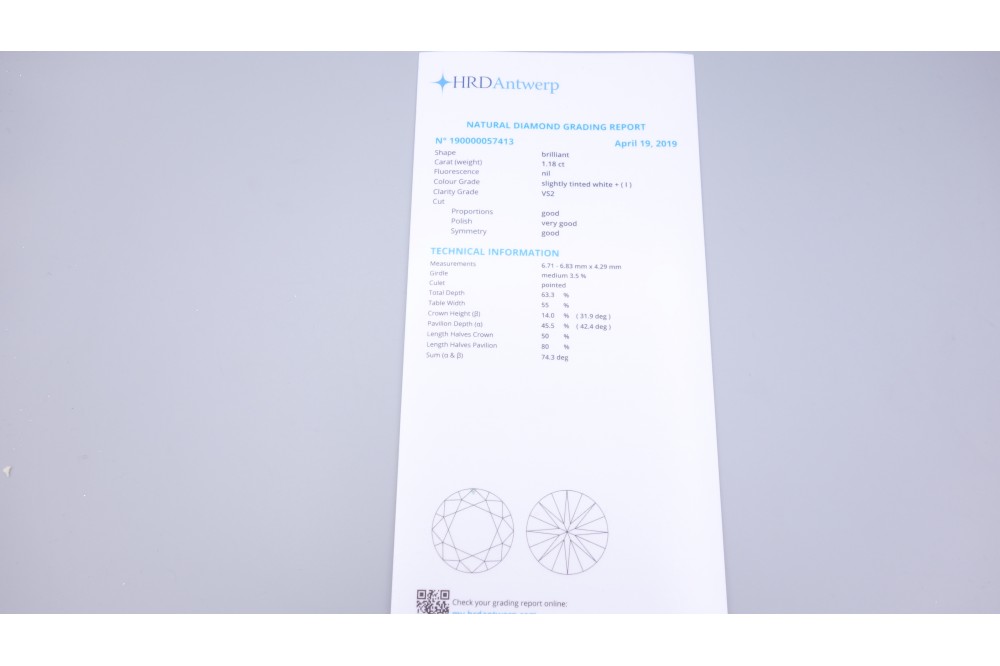 certificat HRD 1,18 carat