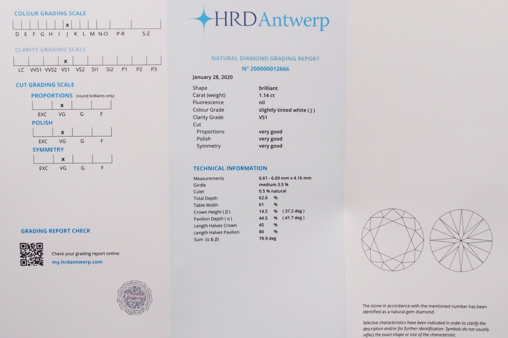 certificat diamant HRD 1,14 carat