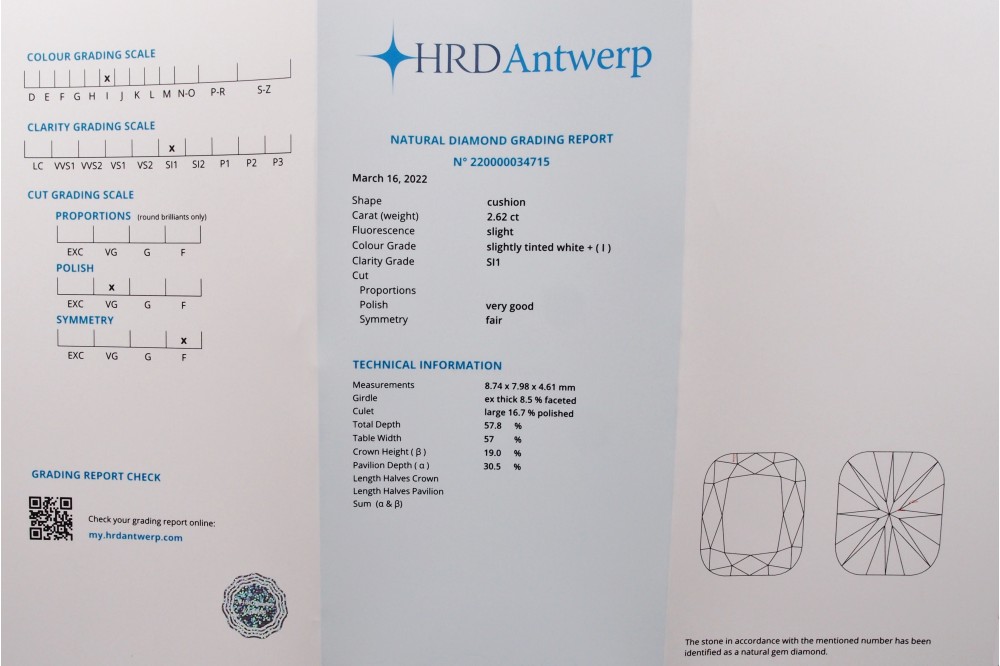 certificat HRD diamant 2,62 carats