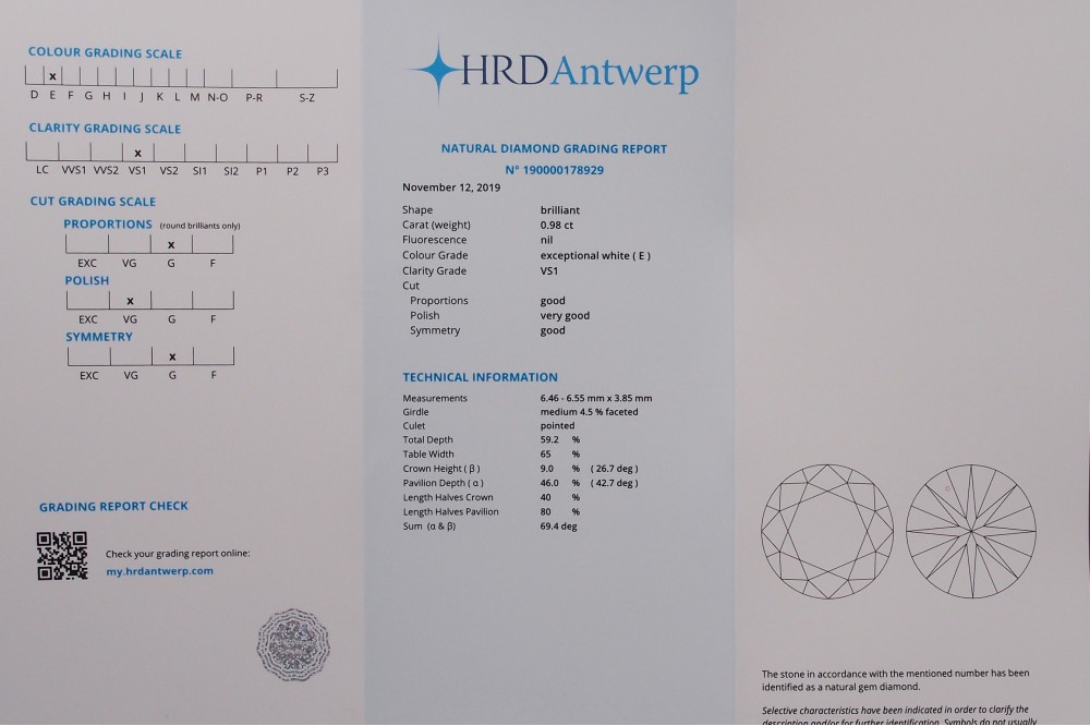 certificat diamant HRD 0,98 carat