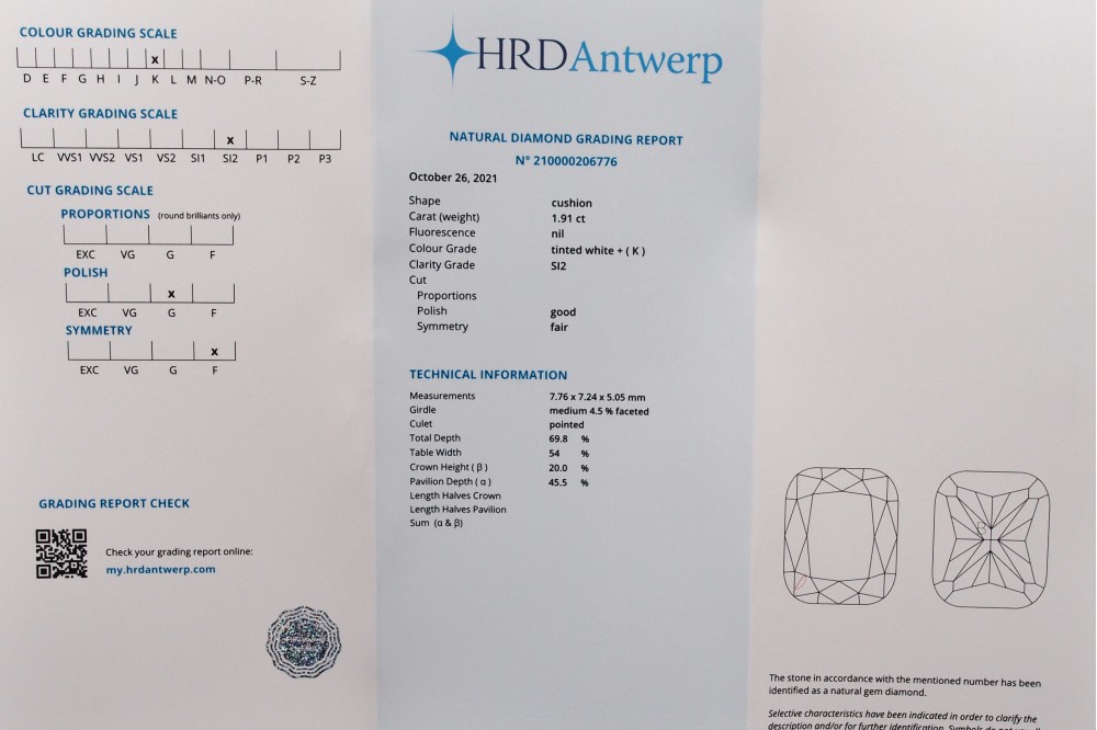 certificat HRD diamant coussin 1,91 carat
