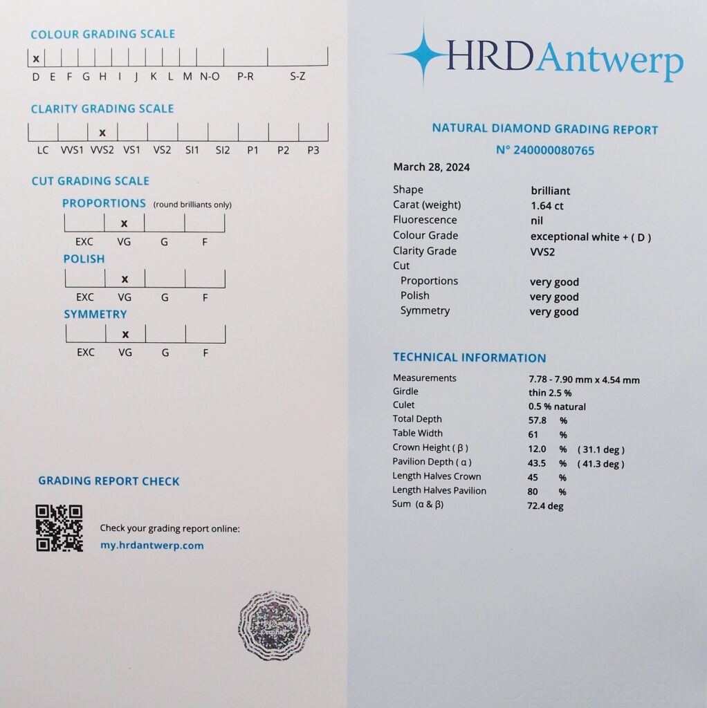 Diamant 1.64 ct D / VVS2 certif HRD