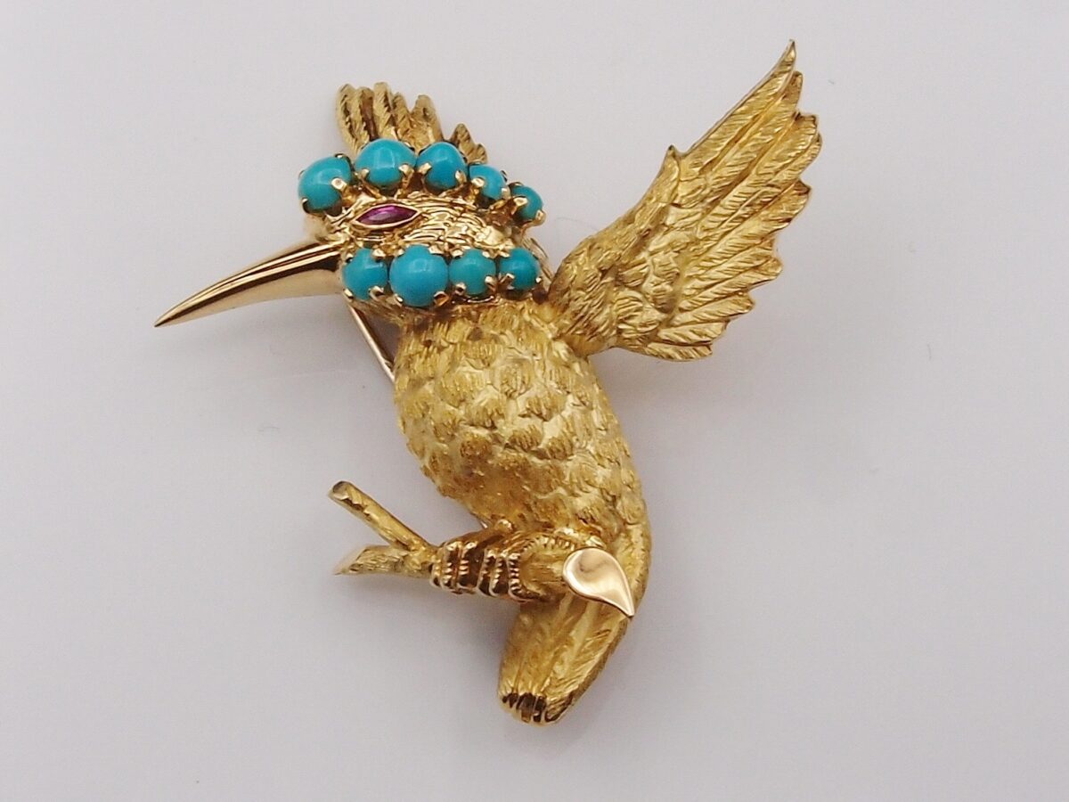 Broche Ancienne Or Jaune 18 Carats Ponte Vecchio - Diamant Et Perle Motif Oiseau - Occasion Très Bon état