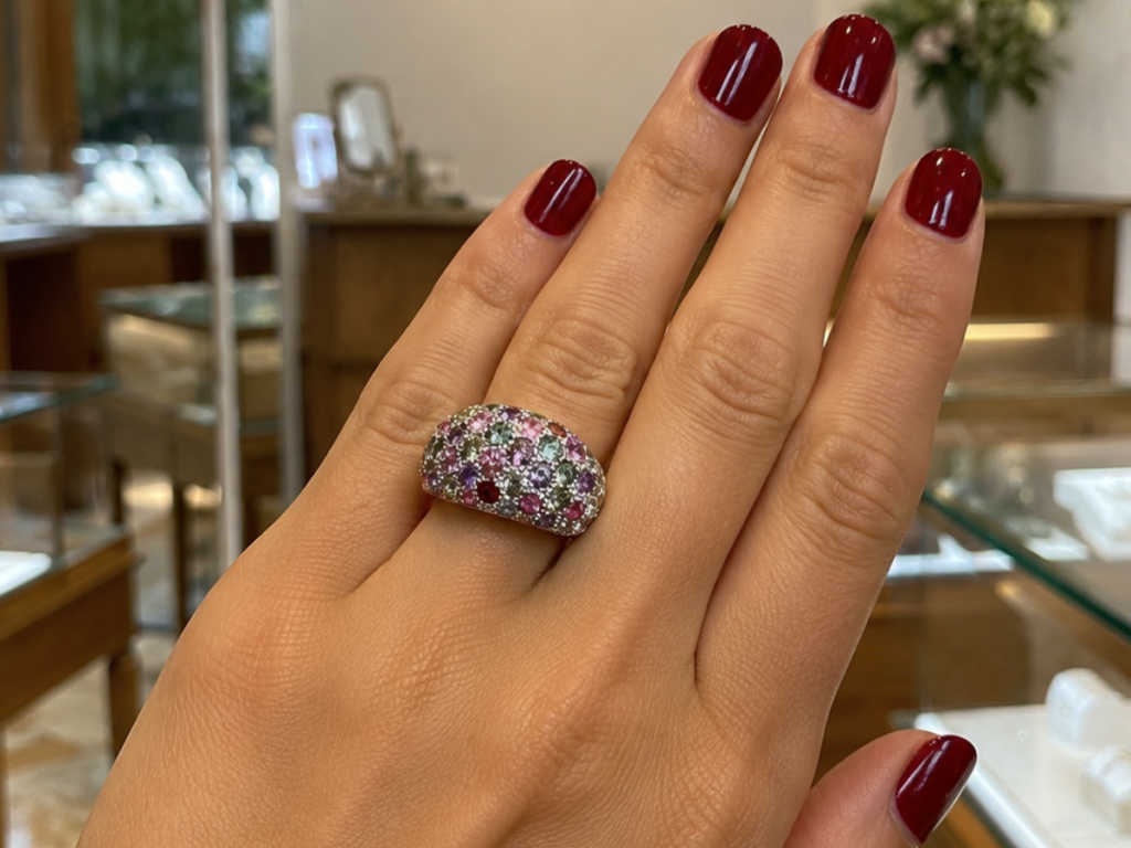 Bague boule Van Hoye or blanc saphirs multicolores