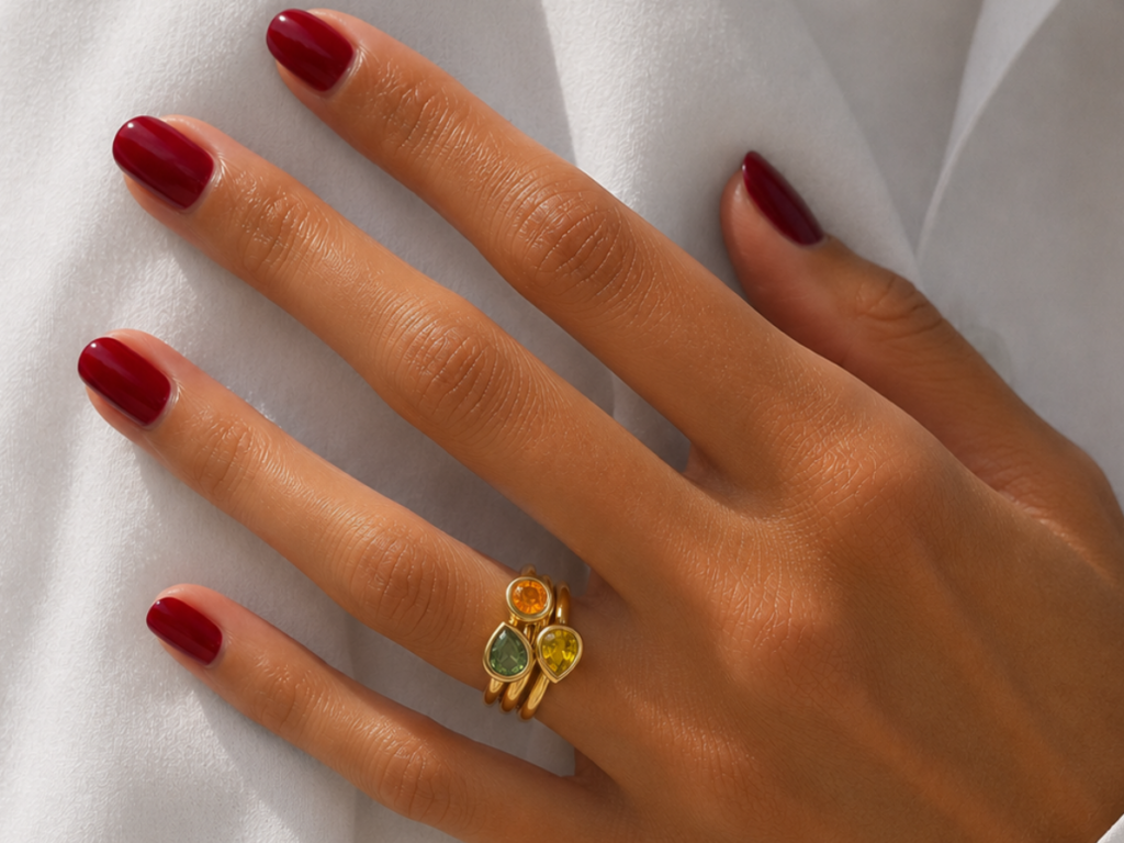 bague or jaune saphirs orange, jaune et vert