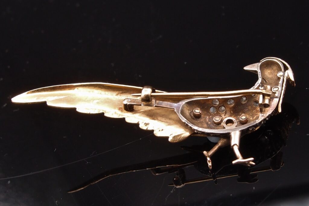 Broche Faisan or argent et diamants taille rose