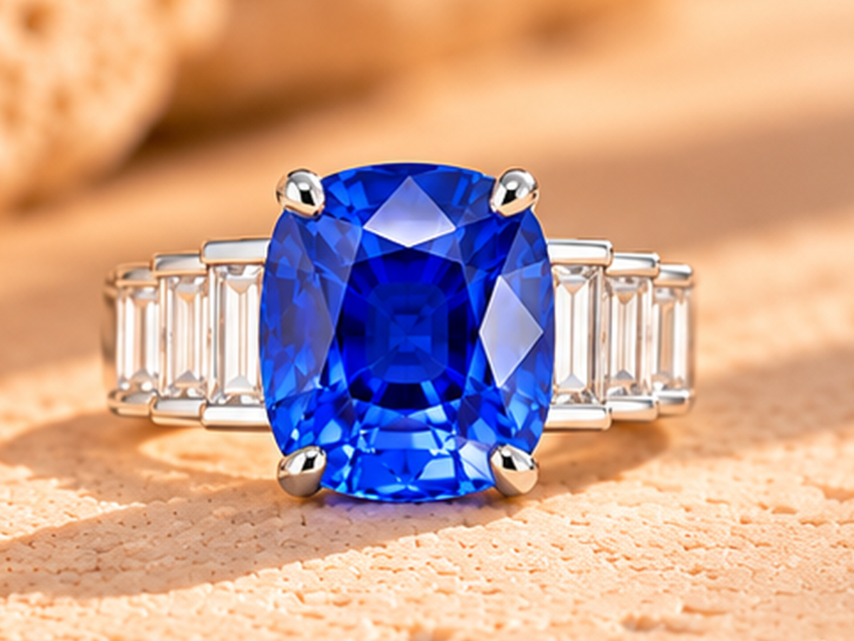 BAGUE SAPHIR BLEU ET DIAMANTS BAGUETTE